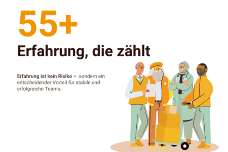 Grafik mit der Überschrift „55+ Erfahrung, die zählt“. Darunter der Text: „Erfahrung ist kein Risiko – sondern ein entscheidender Vorteil für stabile und erfolgreiche Teams.“ Rechts stehen mehrere ältere Personen aus unterschiedlichen Berufsfeldern gemeinsam dargestellt.