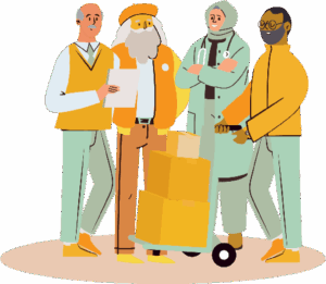 Vier unterschiedlich gekleidete Personen (55+) stehen nebeneinander und repräsentieren verschiedene Berufsgruppen und Lebensphasen: ein älterer Mann mit Dokumenten, ein bärtiger Mann mit Gehstock, eine medizinische Fachkraft mit Stethoskop sowie ein Mann mit Handscanner und Paketwagen. Die Illustration symbolisiert Vielfalt, Erfahrung und Zusammenarbeit im Arbeitsleben.
