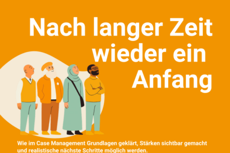 Orangefarbene Grafik mit der Überschrift „Nach langer Zeit wieder ein Anfang“. Links stehen vier illustrierte Personen nebeneinander. Darunter steht: „Wie im Case Management Grundlagen geklärt, Stärken sichtbar gemacht und realistische nächste Schritte möglich werden.“