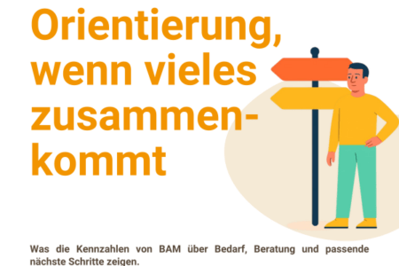 Helle Grafik mit großer orangefarbener Überschrift „Orientierung, wenn vieles zusammenkommt“. Rechts steht eine illustrierte Person neben einem Wegweiser. Darunter steht: „Was die Kennzahlen von BAM über Bedarf, Beratung und passende nächste Schritte zeigen.“