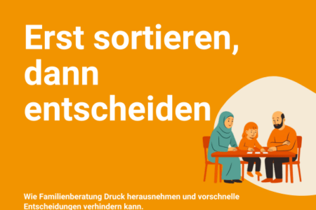 Orangefarbene Grafik mit der großen weißen Überschrift „Erst sortieren, dann entscheiden“. Rechts sitzt eine Familie mit Beraterin an einem Tisch. Darunter steht: „Wie Familienberatung Druck herausnehmen und vorschnelle Entscheidungen verhindern kann.“