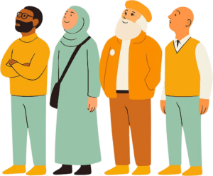 Stilisierte Illustration von vier unterschiedlichen Menschen, die nebeneinander stehen und nach rechts blicken: ein Mann mit gelber Weste, ein älterer Mann mit Bart und Baskenmütze, eine Frau mit grünem Kopftuch sowie ein Mann mit Brille und verschränkten Armen.