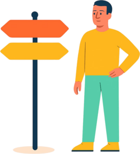 Stilisierte Illustration einer Person in gelbem Pullover und grüner Hose, die neben einem Wegweiser mit zwei farbigen Richtungsschildern steht.