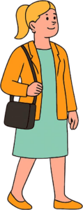 Stilisierte Illustration einer lächelnden blonden Frau mit Pferdeschwanz, grünem Kleid, orangefarbener Jacke und schwarzer Umhängetasche.