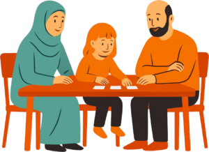Stilisierte Illustration einer Familie an einem Tisch: Eine Frau mit grünem Kopftuch, ein Kind und ein Mann sitzen gemeinsam vor kleinen Karten oder Zetteln und wirken in ein Gespräch oder eine Beratung vertieft.