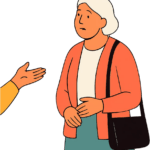Stilisierte Illustration einer älteren Frau mit Tasche, die verunsichert wirkt. Von links ist eine ausgestreckte Hand einer beratenden Person zu sehen.