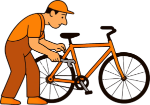 Stilisierte Illustration einer Person in orangefarbener Arbeitskleidung, die mit einem Schraubenschlüssel ein Fahrrad repariert.