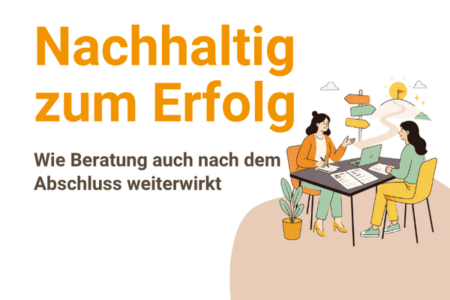 Illustration im B7-Stil: Eine beratende Person sitzt mit einem Klienten an einem Tisch. Auf dem Tisch liegen Bewerbungsunterlagen, ein Laptop und Notizen. Im Hintergrund öffnet sich symbolisch ein Wegweiser in Richtung beruflicher Perspektive.