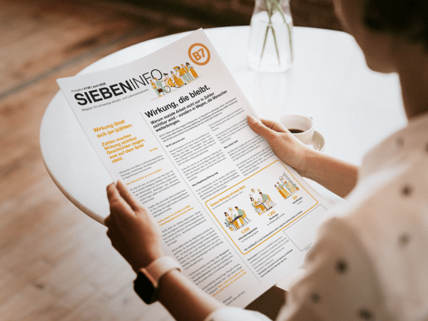 Eine Person liest an einem hellen Tisch die neue SIEBENINFO von B7 Arbeit und Leben. Die Ausgabe trägt den Titel „Wirkung, die bleibt.“ und beschäftigt sich mit der Wirkung sozialer Arbeit in Zahlen und persönlichen Geschichten.